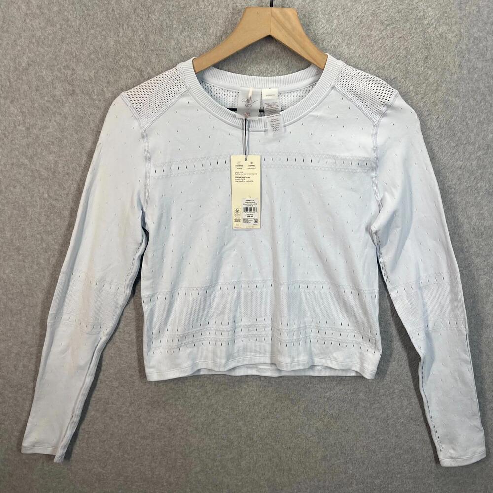 CALIA Women's Pointelle Seamless Long Sleeve Cropped Shirt - L/XL Light Blue NWT